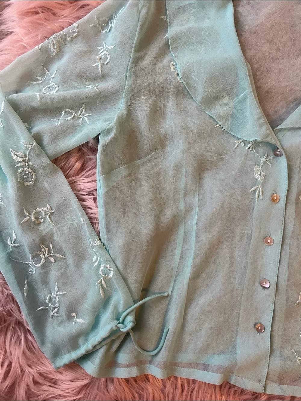 Sheer Embroidered Beaded Fairy Tie-Sleeve Blouse - Picture 3 of 11